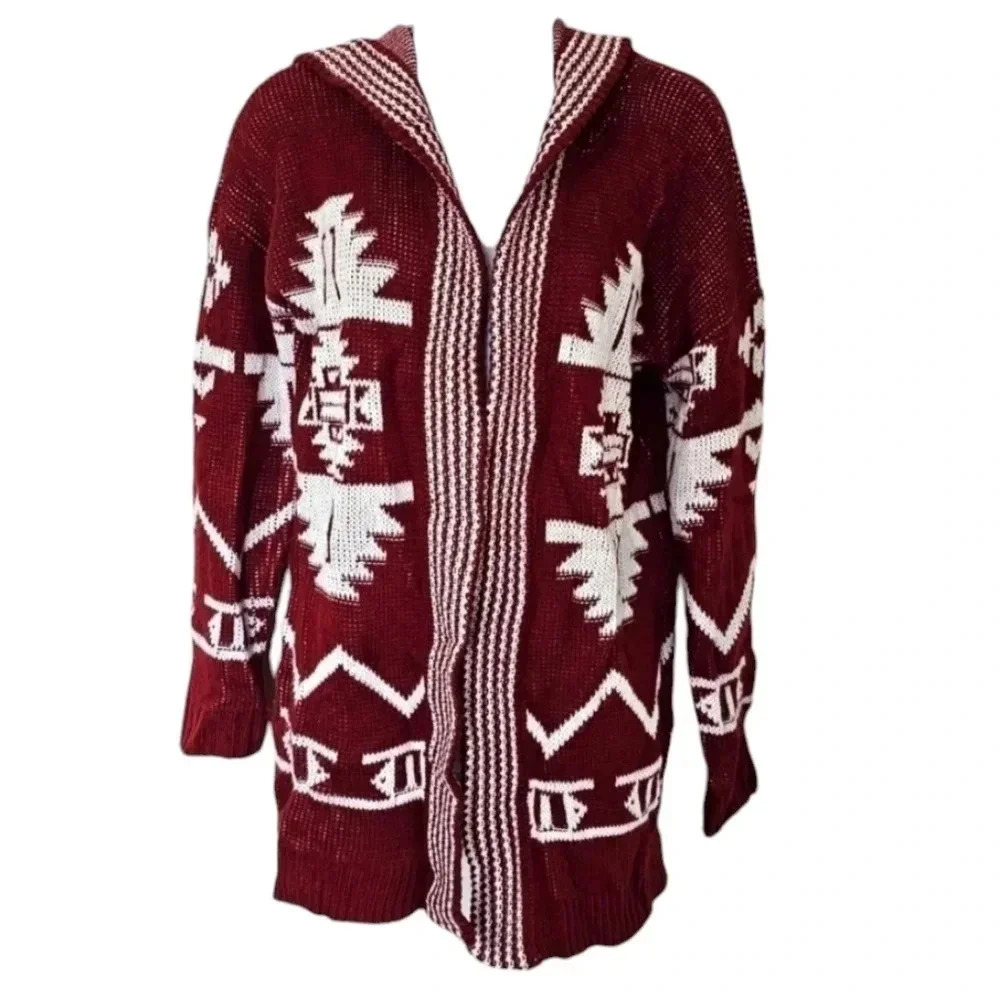 Hippie Rose Medium Red Southwest Boho Open Front Drape Cardigan Hoodie Sweater - Picture 2 of 7